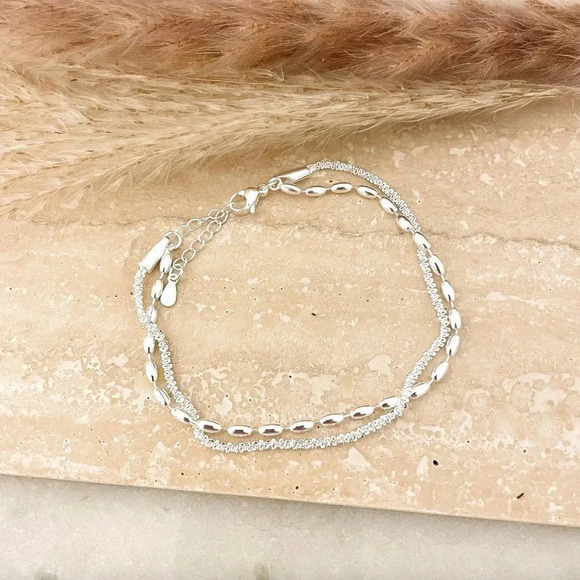 Sterling Silver Double Chain Layer Bracelet Shiny Sequin Dainty Chain Bracelet - Picture 1 of 3